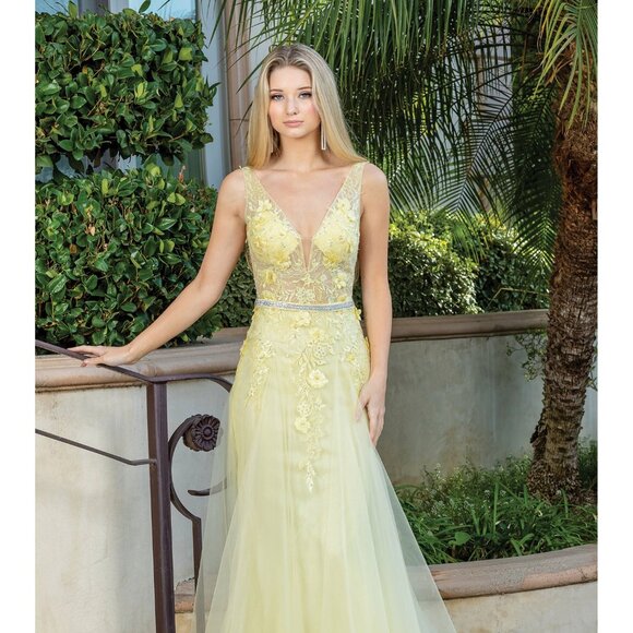 New Sleeveless Mermaid Prom Tulle Gown w/ Floral Applqiue & Deep V-Neck DQ 4311 - Picture 1 of 9